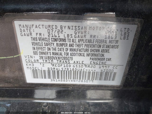 Продажа на аукционе авто 2022 Nissan Sentra Sr Xtronic Cvt, vin: 3N1AB8DVXNY285079, номер лота: 45541281