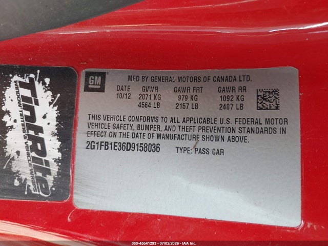 45541293 :رقم المزاد ، 2G1FB1E36D9158036 vin ، 2013 Chevrolet Camaro 1lt مزاد بيع
