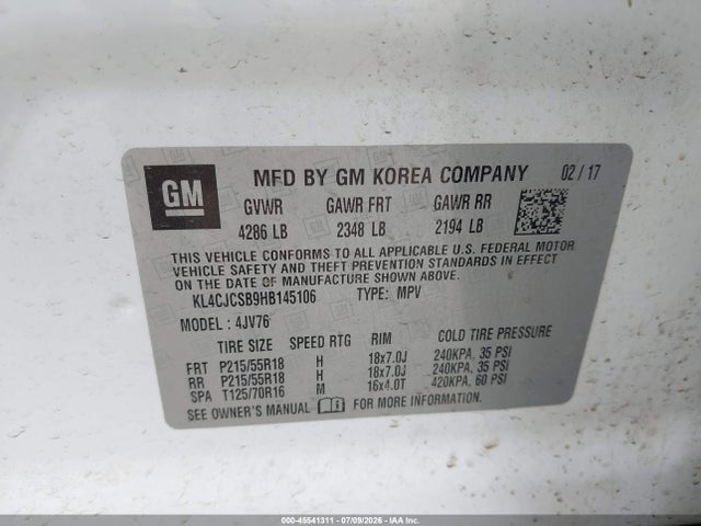 Aukcja sprzedaży 2017 Buick Encore Essence, vin: KL4CJCSB9HB145106, numer aukcji: 45541311