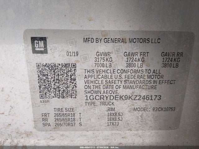 Aukcja sprzedaży 2019 Chevrolet Silverado 1500 Lt, vin: 1GCRYDEK9KZ246173, numer aukcji: 45541313