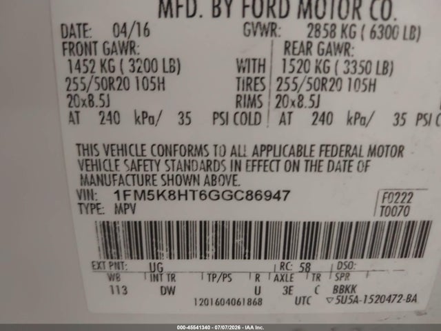 Продажа на аукционе авто 2016 Ford Explorer Platinum, vin: 1FM5K8HT6GGC86947, номер лота: 45541340