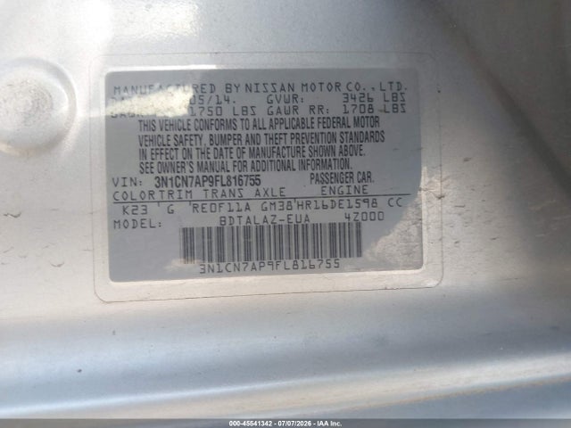 Nissan Versa 1.6 S+ 2015 3N1CN7AP9FL816755 Image 9