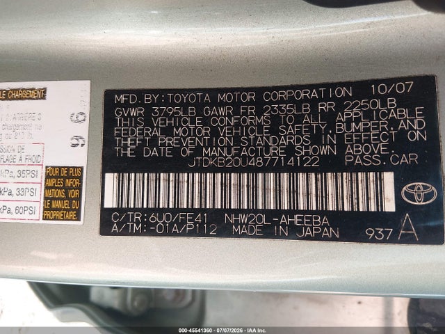 Aukcja sprzedaży 2008 Toyota Prius Touring, vin: JTDKB20U487714122, numer aukcji: 45541360