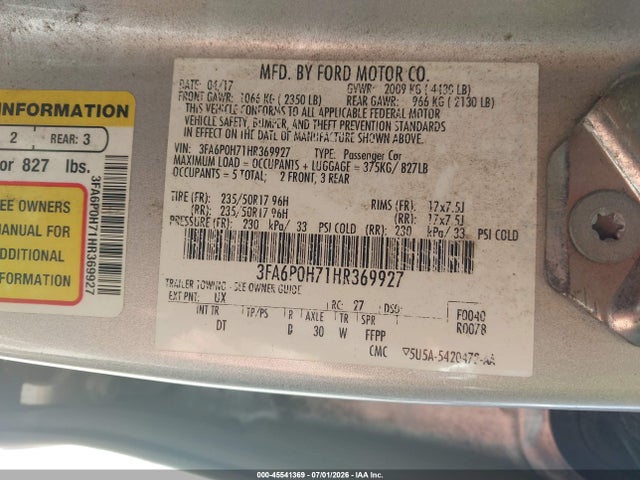 Auction sale of the 2017 Ford Fusion Se, vin: 3FA6P0H71HR369927, lot number: 45541369