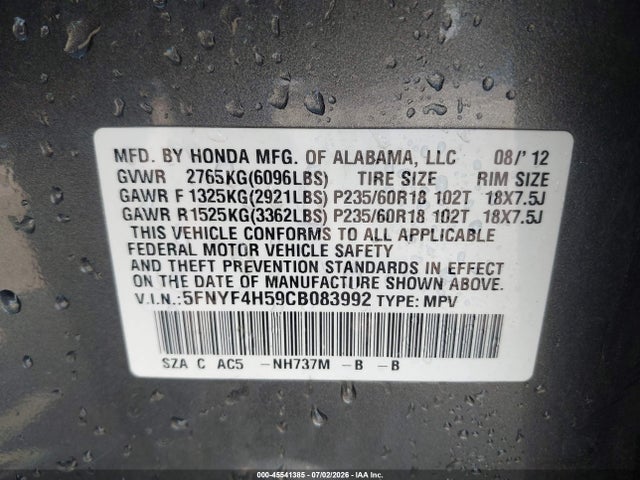 45541385 :رقم المزاد ، 5FNYF4H59CB083992 vin ، 2012 Honda Pilot Ex-l مزاد بيع