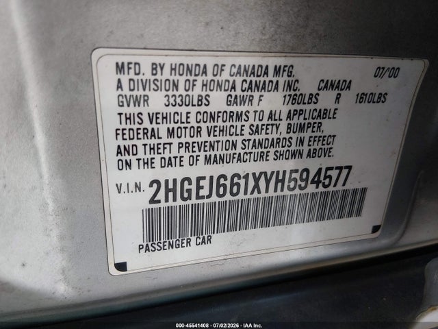 45541408 :رقم المزاد ، 2HGEJ661XYH594577 vin ، 2000 Honda Civic Value Package مزاد بيع