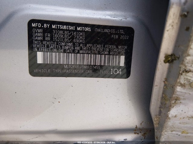 Продажа на аукционе авто 2022 Mitsubishi Mirage G4 Es, vin: ML32FUFJ3NHF07455, номер лота: 45541415