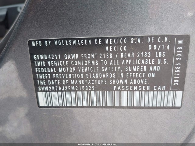 Aukcja sprzedaży 2015 Volkswagen Jetta 2.0l S, vin: 3VW2K7AJ3FM215829, numer aukcji: 45541419