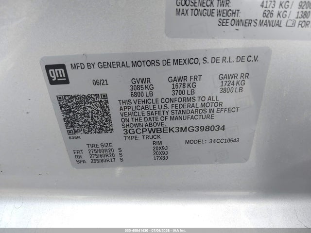 3GCPWBEK3MG398034 Chevrolet Silverado 1500 2wd Short Bed Custom