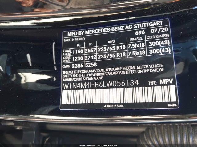 45541458 :رقم المزاد ، W1N4M4HB6LW056134 vin ، 2020 Mercedes-benz Glb 250 4matic مزاد بيع
