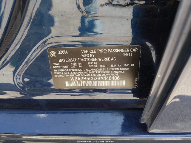 45541461 :رقم المزاد ، WBAPH5C53BA446486 vin ، 2011 Bmw 328i مزاد بيع