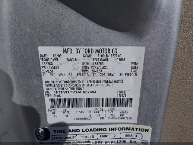 2010 Ford F-150 Platinum მანქანა იყიდება აუქციონზე, vin: 1FTFW1CV1AFA67694, აუქციონის ნომერი: 45541468