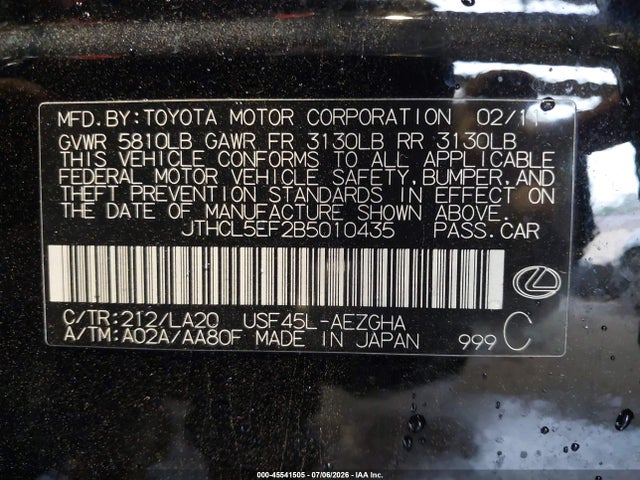 45541505 :رقم المزاد ، JTHCL5EF2B5010435 vin ، 2011 Lexus Ls 460 مزاد بيع