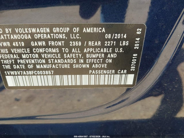 1VWBV7A38FC003857 Volkswagen Passat 2.0l Tdi Se