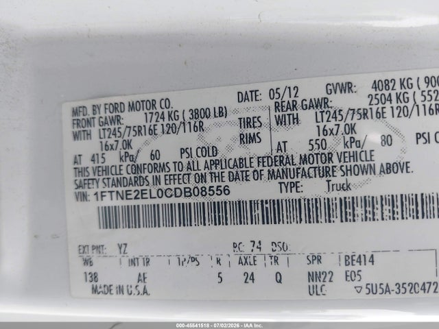 Aukcja sprzedaży 2012 Ford E-250 Commercial/recreational, vin: 1FTNE2EL0CDB08556, numer aukcji: 45541518
