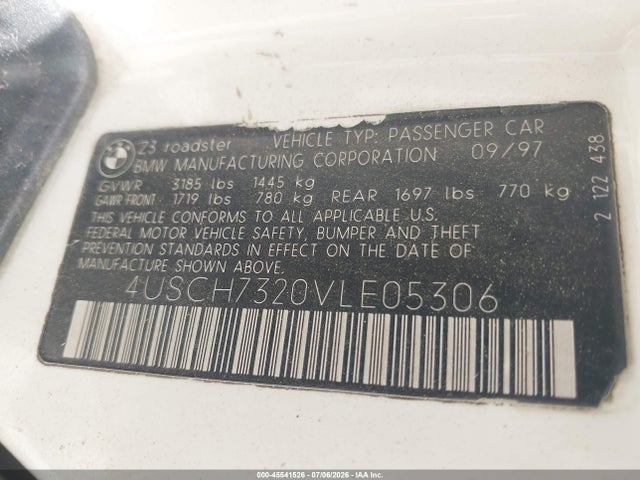 Aukcja sprzedaży 1997 Bmw Z3 1.9l Roadster, vin: 4USCH7320VLE05306, numer aukcji: 45541526
