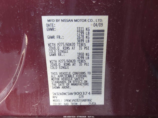 Aukcja sprzedaży 2010 Infiniti Qx56, vin: 5N3ZA0NC5AN900374, numer aukcji: 45541534