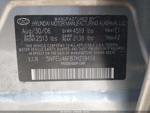 Aukcja sprzedaży 2007 Hyundai Sonata Limited/limited W/xm/se/se W/xm, vin: 5NPEU46F87H219458, numer aukcji: 45541543
