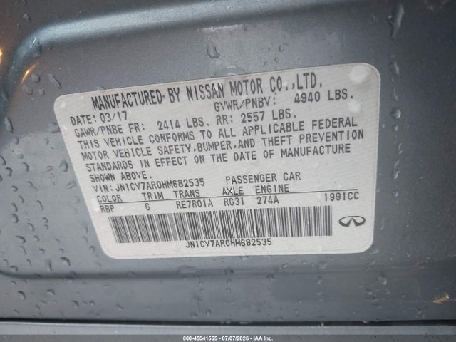 Продажа на аукционе авто 2017 Infiniti Q50 2.0t Premium, vin: JN1CV7AR0HM682535, номер лота: 45541555