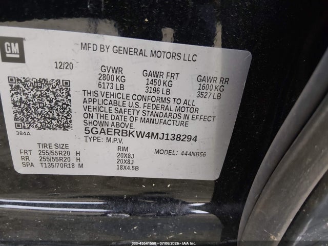 45541558 :رقم المزاد ، 5GAERBKW4MJ138294 vin ، 2021 Buick Enclave Fwd Essence مزاد بيع