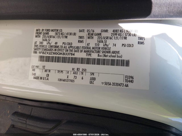 1FBZX2ZM0GKB33784 Ford Transit-350 Xl/xlt