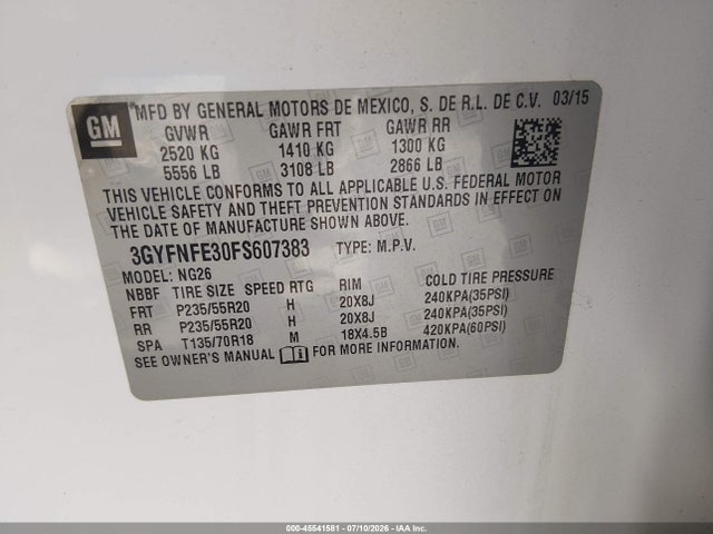45541581 :رقم المزاد ، 3GYFNFE30FS607383 vin ، 2015 Cadillac Srx Performance Collection مزاد بيع