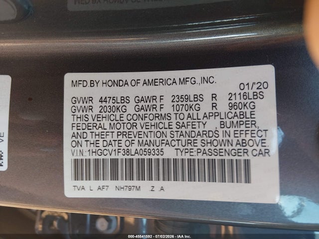 45541592 :رقم المزاد ، 1HGCV1F38LA059335 vin ، 2020 Honda Accord Sport مزاد بيع