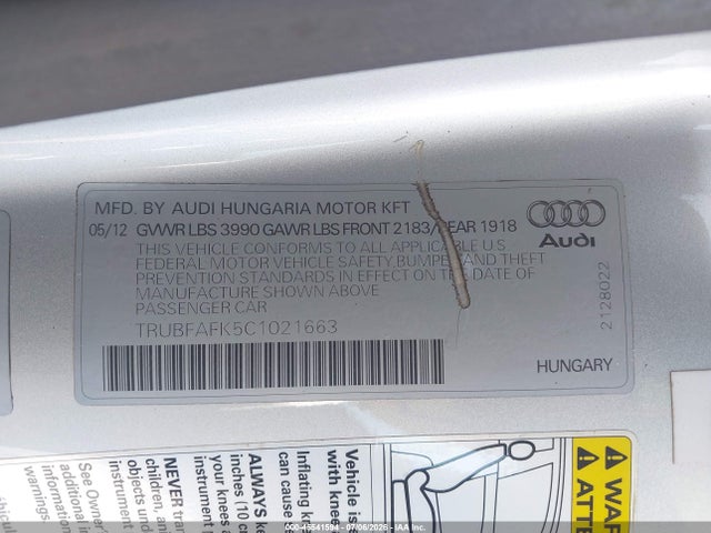 45541594 :رقم المزاد ، TRUBFAFK5C1021663 vin ، 2012 Audi Tt 2.0t Premium Plus مزاد بيع