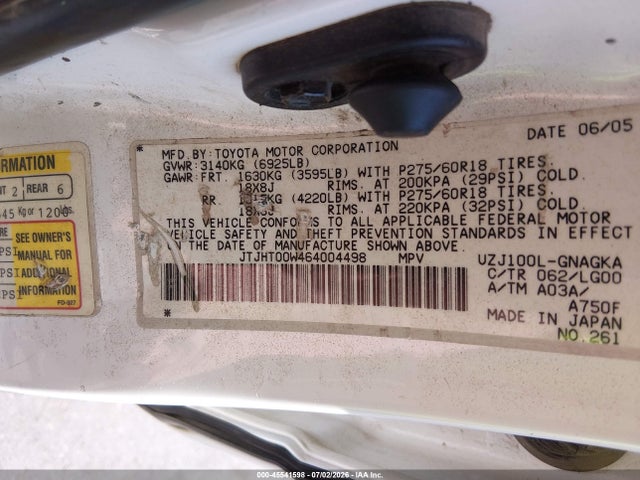 Aukcja sprzedaży 2006 Lexus Lx 470, vin: JTJHT00W464004498, numer aukcji: 45541598