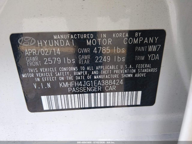45541600 :رقم المزاد ، KMHFH4JG1EA388424 vin ، 2014 Hyundai Azera Limited مزاد بيع