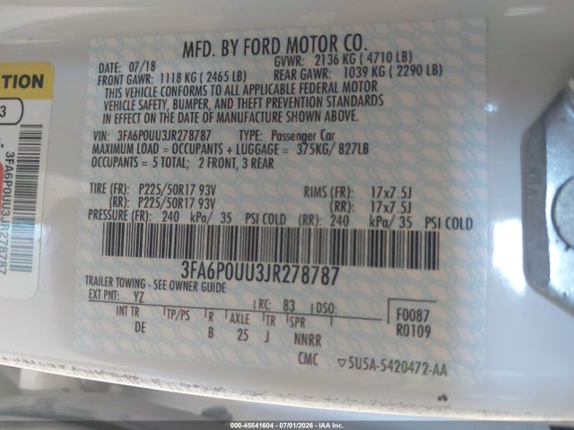 3FA6P0UU3JR278787 Ford Fusion Hybrid S