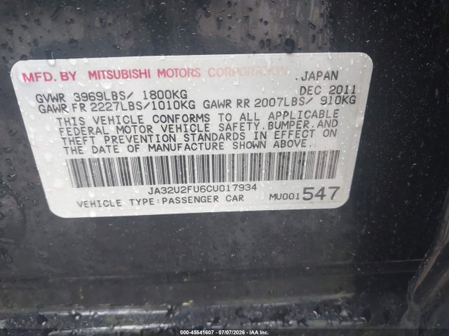 Aukcja sprzedaży 2012 Mitsubishi Lancer Es, vin: JA32U2FU6CU017934, numer aukcji: 45541607