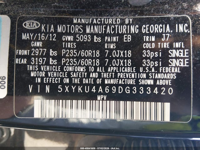 Продаж на аукціоні авто 2013 Kia Sorento Ex, vin: 5XYKU4A69DG333420, номер лоту: 45541609
