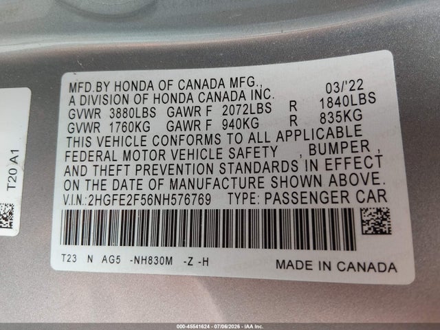 2HGFE2F56NH576769 Honda Civic Sport