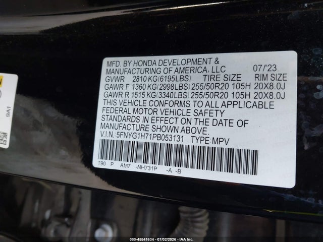 5FNYG1H71PB053131 Honda Pilot Awd Touring