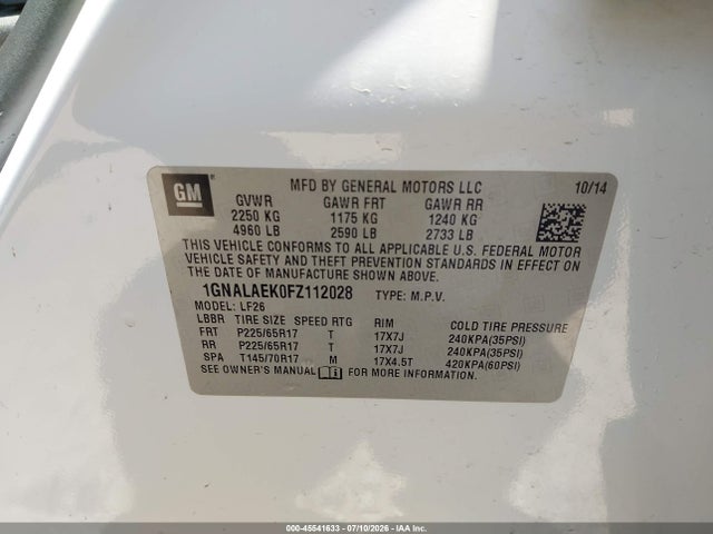 Chevrolet EQUINOX LS 2015 1GNALAEK0FZ112028 Image 9