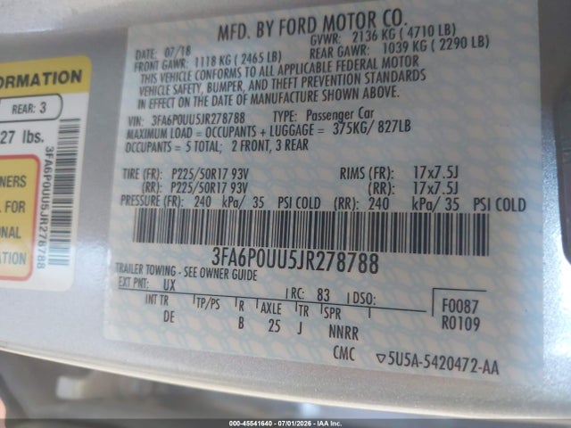 3FA6P0UU5JR278788 Ford Fusion Hybrid S