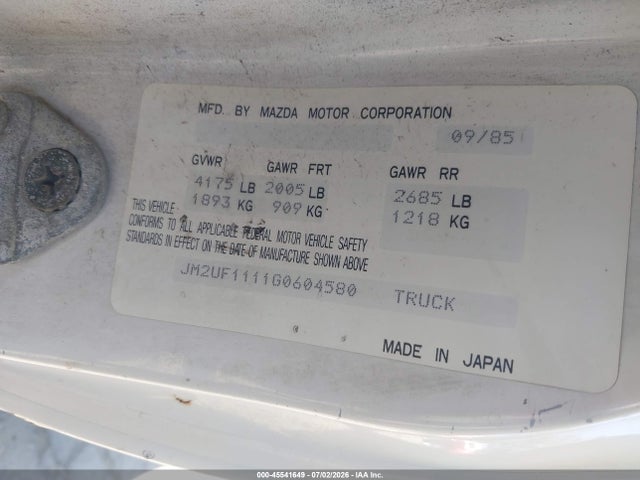 1986 Mazda B2000 მანქანა იყიდება აუქციონზე, vin: JM2UF1111G0604580, აუქციონის ნომერი: 45541649