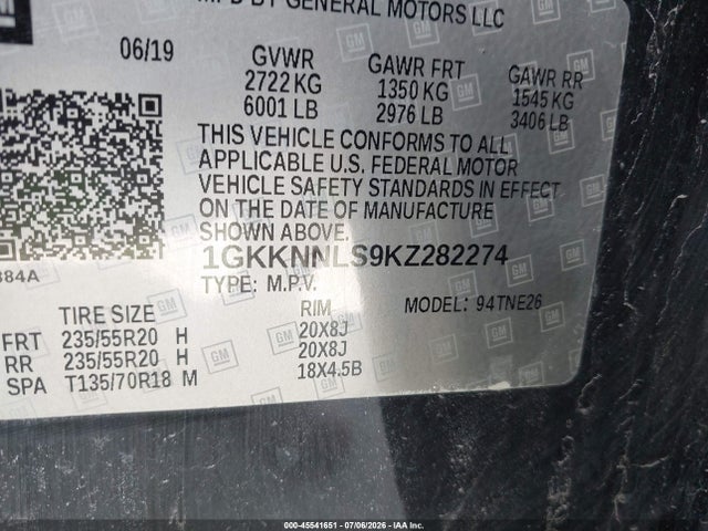 2019 Gmc Acadia Slt-2 მანქანა იყიდება აუქციონზე, vin: 1GKKNNLS9KZ282274, აუქციონის ნომერი: 45541651