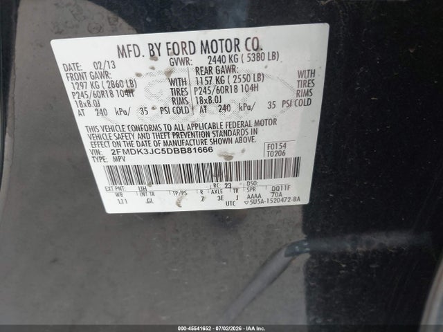 45541652 :رقم المزاد ، 2FMDK3JC5DBB81666 vin ، 2013 Ford Edge Sel مزاد بيع