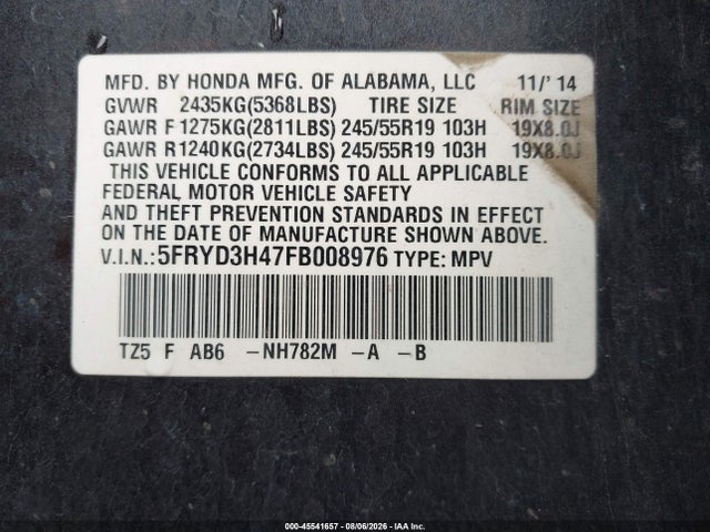 2015 Acura Mdx Technology Package მანქანა იყიდება აუქციონზე, vin: 5FRYD3H47FB008976, აუქციონის ნომერი: 45541657