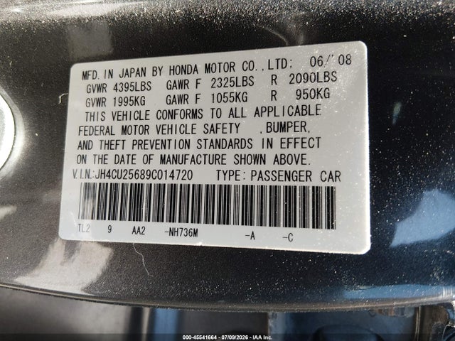 45541664 :رقم المزاد ، JH4CU25689C014720 vin ، 2009 Acura Tsx مزاد بيع