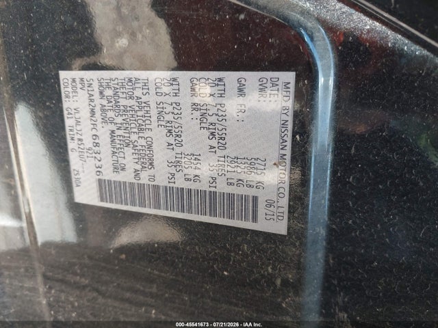 Aukcja sprzedaży 2015 Nissan Pathfinder Platinum, vin: 5N1AR2MN2FC683236, numer aukcji: 45541673
