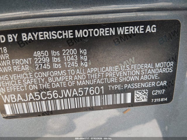 45541717 :رقم المزاد ، WBAJA5C56JWA57601 vin ، 2018 Bmw 530i مزاد بيع