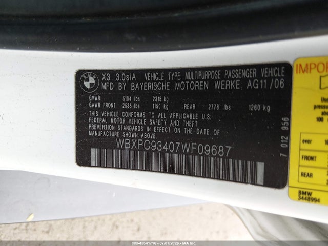 Продажа на аукционе авто 2007 Bmw X3 3.0si, vin: WBXPC93407WF09687, номер лота: 45541716