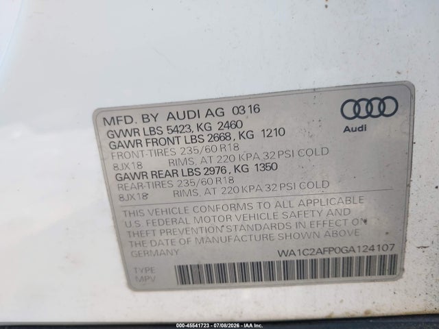 Aukcja sprzedaży 2016 Audi Q5 2.0t Premium, vin: WA1C2AFP0GA124107, numer aukcji: 45541723