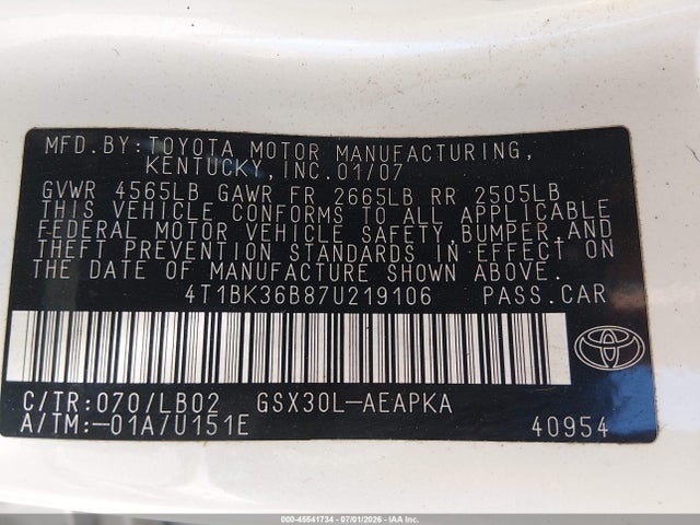 45541734 :رقم المزاد ، 4T1BK36B87U219106 vin ، 2007 Toyota Avalon Limited مزاد بيع