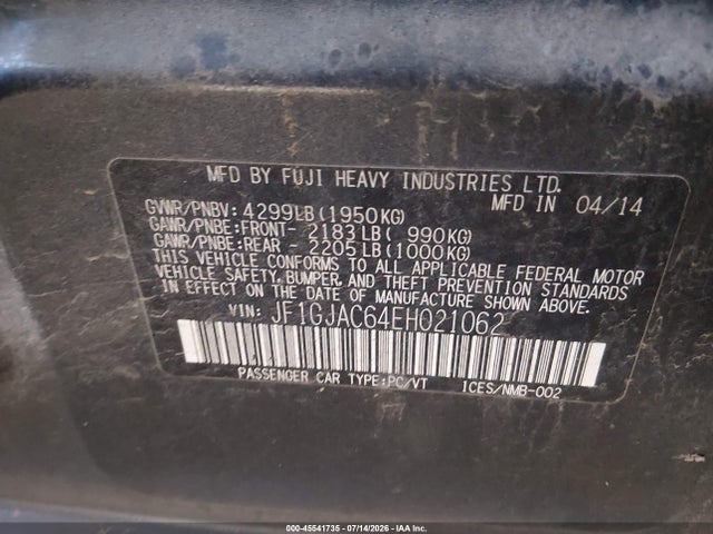 45541735 :رقم المزاد ، JF1GJAC64EH021062 vin ، 2014 Subaru Impreza 2.0i Premium مزاد بيع