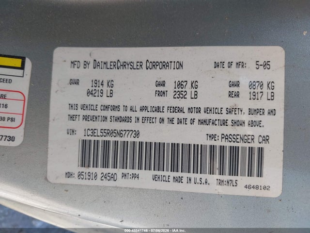 Продаж на аукціоні авто 2005 Chrysler Sebring Touring, vin: 1C3EL55R05N677730, номер лоту: 45541746