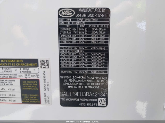 2024 Land Rover Range Rover Sport Se მანქანა იყიდება აუქციონზე, vin: SAL1P9EU3RA421341, აუქციონის ნომერი: 45541758